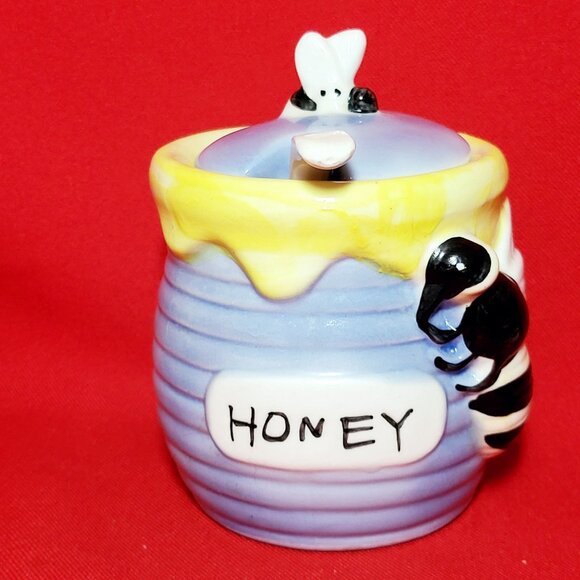 Honey Bee Honey Jar Porcelain Serving Spoon Blue Yellow Painted Ceramic - Picture 1 of 13